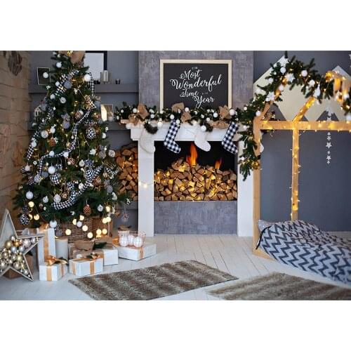 Christmas Tree Fireplace Living Room Photographic Backdrops Custom Background Photo Studio for Children Baby Family Photophone