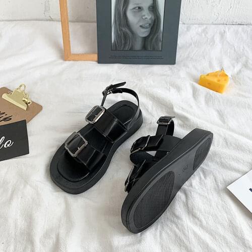 Shoes Women Buckle Genuine Leather Flat Sandals Round Toe Flat Platform Shoes Ladies Summer Causal Sandals White