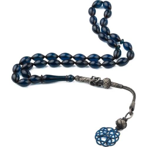 Silver Blue Amber Gemstone Prayer Rosary Men Barley Cut Rosary With Silver Tassel Turkish Tasbih With Knitted Tassel 925k Silver
