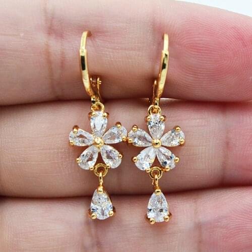Gold Color Women Elegant Clear Crystal Flower Dangle Earrings Wedding Jewelry