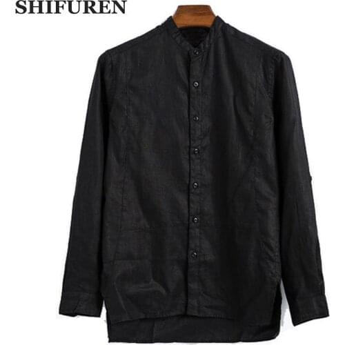 SHIFUREN Mens Linen Shirts Long Sleeve High Quality Mandarin Collar Male Social Dress Shirts Traditional Chinese Clothing