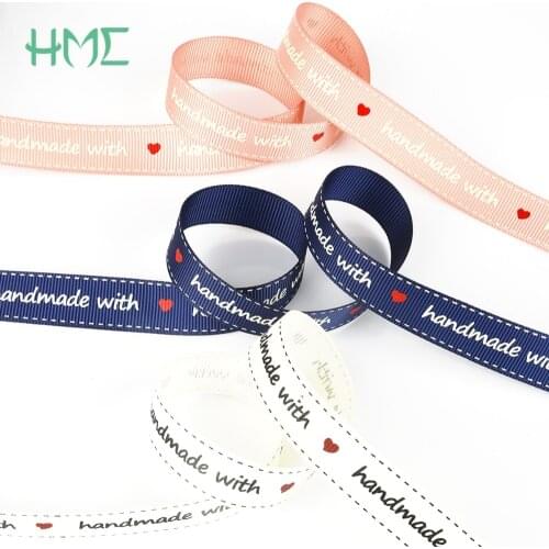 16mm "handmade with" Printed White Navy Pink Satin Ribbon For DIY Crafts Hand Made Gift Packaging Thread Cord Jewelry Making