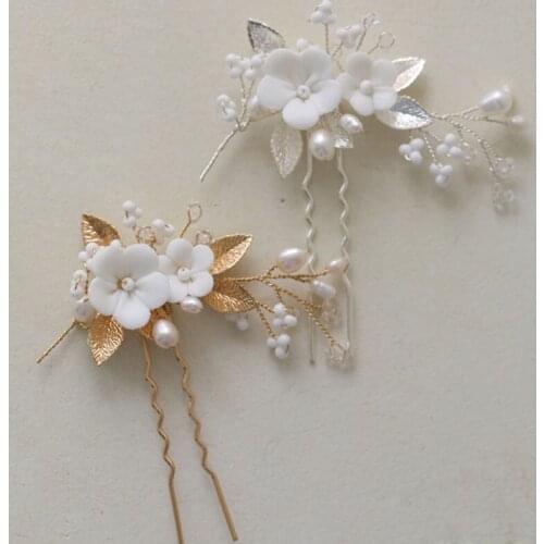 SLBRIDAL Handmade Porcelain Flower Alloy Freshwater Pearls Bridal Hair Pin Wedding Hair Sticker Hair Accessories Women Jewelry
