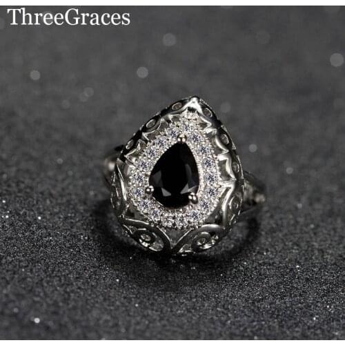 ThreeGraces CZ Jewelry Nobal Style High Quality Black Cubic Zirconia Crystal Big Party Rings For Women RG026