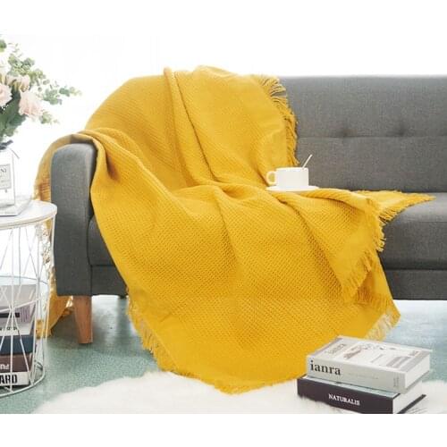 Yellow Waffle Style Sofa Blanket Cover Cotton Travel Blanket Airplane Knitted Blankets With Tassel Throw Blanket For Sofa Bed