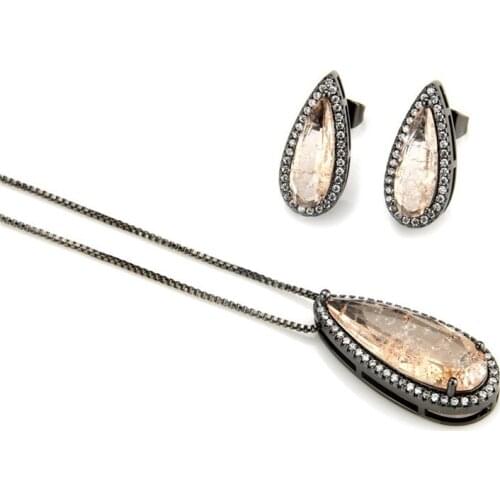 Lucky Sonny Morganite Fusion Jewelry Set Teardrop Earrings & Necklace Joyeria 4 Colors Ice CZ Crystal Brincos Collar Semijoyas