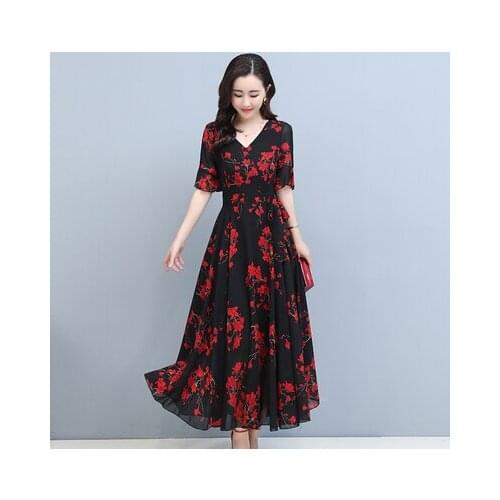 Fashion Women Dress Vestidos Chiffon Floral Print Half Sleeve V-neck Long Party Ropa Mujer Sukienka Vestido De Festa 6358