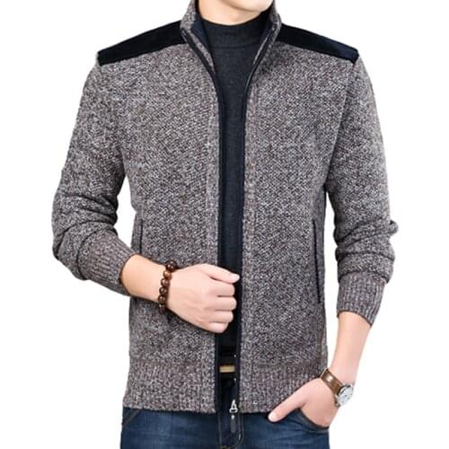Winter Men Streetwear Jacket Causal Cardigan Coat Knitted Cardigan Thick Zipper Patchwork Male Sweater Mandarin Collar Outerwear
