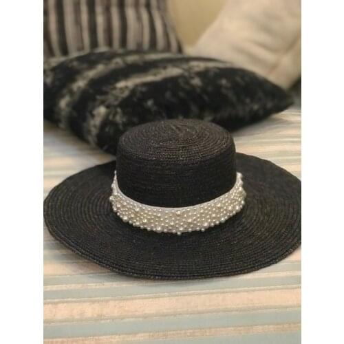 01909-shi summer handmade black straw pearl lady fedoras cap women leisure panama jazz hat