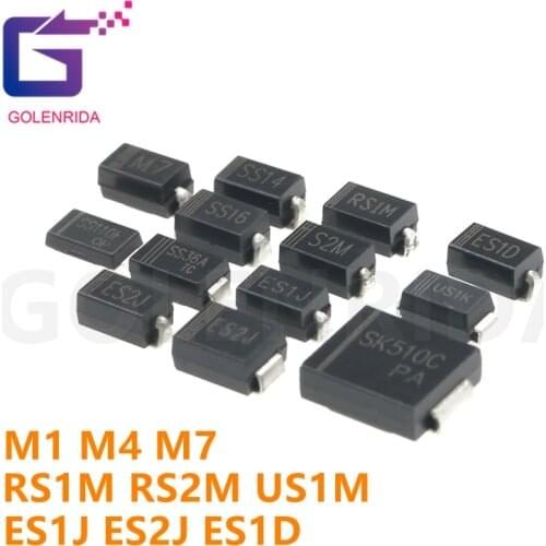 100PCS SMA Rectifier diode 1N4001 M1 1N4004 M4 1N4007 M7 FR107 RS1M FR207 RS2M HER108 US1M SF18 ES1J SF14 ES1D DO-214AC