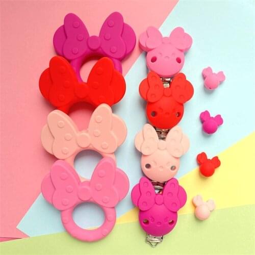 3Pcs/Set Cartoon Silicone Mouse Head Shape Food Grade Teether Beads Pacifier Clip Baby Safe Sensory Care Necklace Accessories