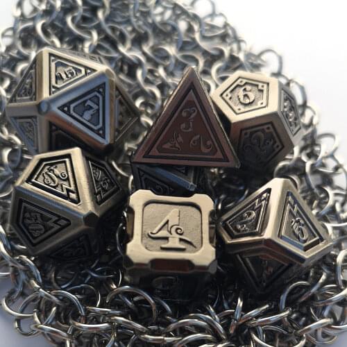 Rollooo DND Metal Dice Antique Copper 7-Die Set with Special Color & Font D4 D6 D8 D10 D% D12 D20 for Role Playing Games