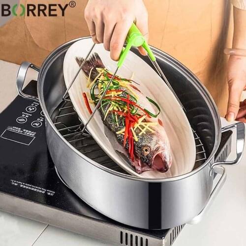 BORREY Stainless Steel Fish Steamer Pot With Fish Plate Double Bottom Soup Pot Multi-function Steaming Pot Cookware With Rack