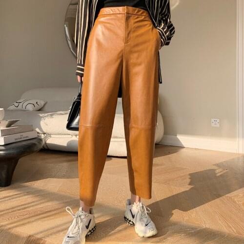 Genuine Sheepskin Leather Pants for Women Spring Autumn2021 Womens Trousers Female High Waist Pants Harem Pants Spodnie Zjt2366