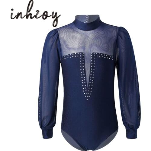 Children Ballet Costume Kids Mesh Long Sleeve Shiny Crystal Gymnastics Leotard Girls Ice Skating Ballet Dance Jumpsuit Bodysuit