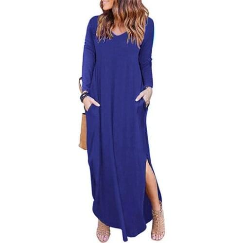 V Neck Full Sleeve Long Dresses Casual Loose Pockets Sundress Autumn Solid Split Party Maxi Dress Vestidos