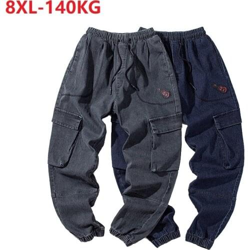 Summer thin jeans men pants large size 7XL 8XL fashion tide jeans pockets streetwear pants cool casual elasticity jeans gray 56