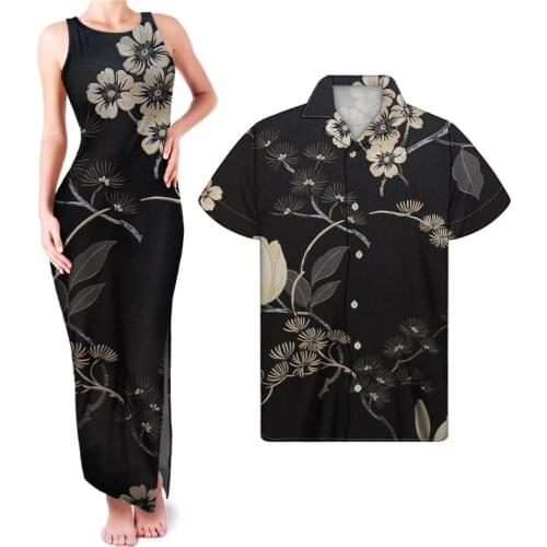 HYCOOL Women Sexy Sleeveless Black Long Floral Dresses Plus Size Casual Bodycon Tank Dress Custom Polynesian Couple Clothing Set