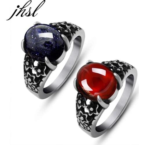 JHSL Men Rings Red Blue Round Stone Stainless Steel Fashion Jewelry Christmas Gift Wholesale US Large Size 6 7 8 9 10 11