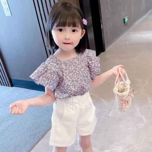 Girls' floral clothing suit summer new childrens baby kids girls flying sleeves t-shirts cotton shorts baby girls sets P4 238