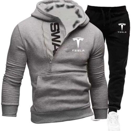 2021 New High quality Hoodie set Tesla car logo print Casual sports 2-piece set Thicken Hooded sweatshirt+pants Set