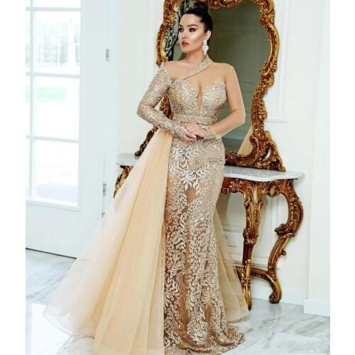 Champagne Lace Mermaid Evening Gowns With Detachable Overskirts Saudi Arabia See Through Prom Dresses Sheer Long Sleeves Vestido