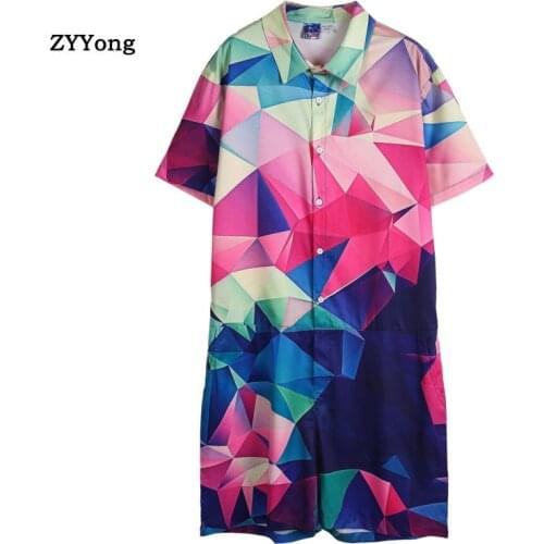Fashion Men Rompers Cargo Overalls 3D Geometric Print Loose Joggers Shortsleeve Casual Playsuit 2020 Men Jumpsuit Streetwear