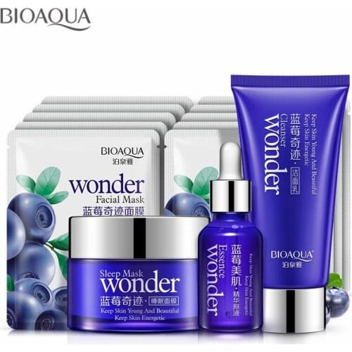 BIOAOUA Blueberry Skin Care Set Cleanser Sleeping Mask Facial Mask Sheet Hyaluronic Acid Essence Liquid Anti Wrinkle Anti Aging