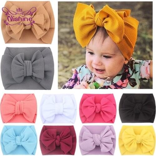 Nishine 19.5*14.5 CM Infant Comfortable Soft Fabric Elastic Hairband Solid Color Handmade Bowknot Baby Headband Kids Accessories