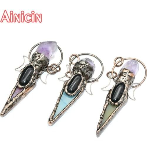 New Cone Shape Moon Decorate Antique Bronze Color Plating Mixed Agate Triangle Big Circle Pendants For Necklace Making 5pcs/lot