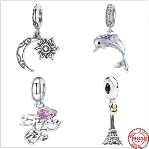 New Original Silver Dolphin Moon Eiffel Tower Charm Bead fit Pandora charms silver 925 beads Bracelet for women DIY Jewelry Gift