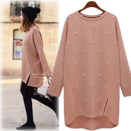 New Round Neck Pullover Knit Sweater Spring Autumn 2021 Medium Long Nail Bead Bottoming Knit Coat for Large Size Womens Sweater