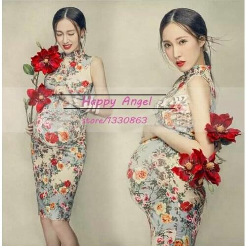 New Photography Props for pregnant women Chiffon Chinese cheongsam dress Pregnancy Flower dress set Maternity Free shipping
