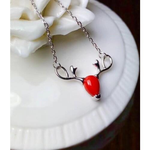 Natural red coral Necklace Natural Gemstone Pendant Necklace 925 sliver fashion Lovely deer women girl party gift fine Jewelry