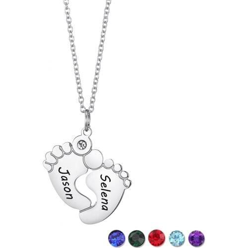 Customized Stainless Steel Name Date Necklace Personalized Letter Choker Necklace Feet Pendant Nameplate Gift for Lover Family