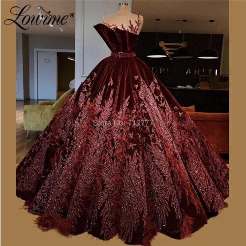 Luxury Burgundy Evening Dresses Feather Muslim Turkish Dubai Middle East Women Party Dress 2019 New Long Prom Dress Abendkleider