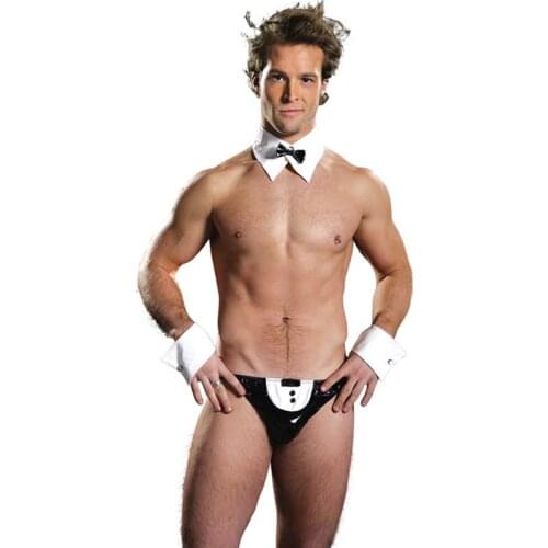 Sexy Men PVC Vinyl Pantent Leather Waiter Bikini Bow Tie Tuxedo Shorts Wrist Bands Mankini Lingerie Set Fetish Role Play Costume