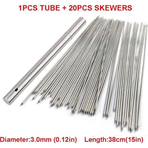 40cm 3mm Thick Barbecue Skewers Stainless Steel Non Stick BBQ Skewer + Tube Reusable Metal Needle Sticks for Shish kabob Grill