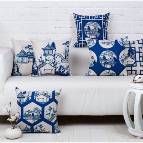 Modern Chinese landscape Blue white Pillow Cushion Cover Home Decorative Pillows Waist Thick Linen Pillowcase Sofa Cushion