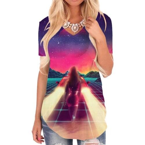 Giyu Brand Neon Lights T Shirt Women Moon Shirt Print Colorful Funny T shirts Galaxy V-neck Tshirt Womens Clothing Summer