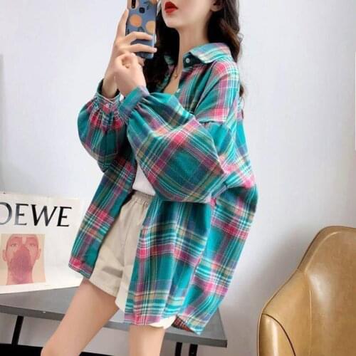 2021 spring and autumn summer plaid shirt female new Korean version loose casual large size long-sleeved summer sunscreen thin s