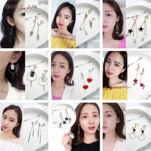 GRACE JUN New Arrival Clip on Earrings No Pierced for Women Fashion Long Stone Shell Pearl Tassel Ear Cuffs No Ear Hole Earrings