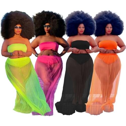 Echoine Plus Size Tube Top Women Set Solid Color Two-piece Mesh Pleated Perspective Sexy Breast Wrap Suit Drop Shipping