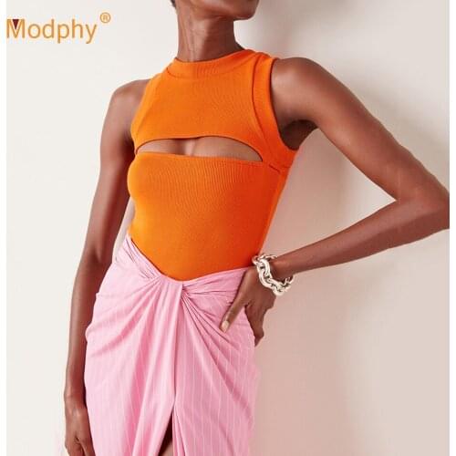 Free Shipping Orange Elegant Hollow Out bandage Bodysuit 2021 summer Sexy Solid Color Shorts Romper Lady Fashion Pullover Tops