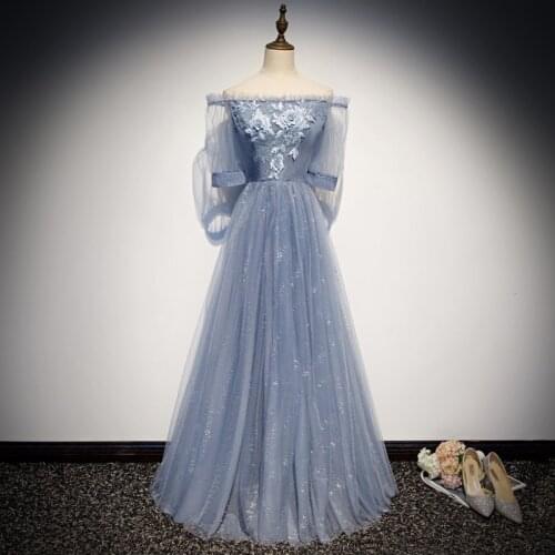 Evening Dress Boat Neck A-line Floor-length Half Sleeves Flowers Embroidery Bling New Plus size Party Formal Dresses Woman R1483