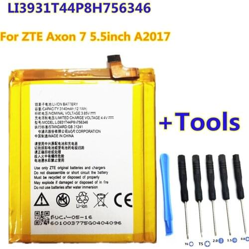 100% High quality LI3931T44P8H756346 Battery For ZTE Axon 7 5.5inch A2017 Battery 3140mAh