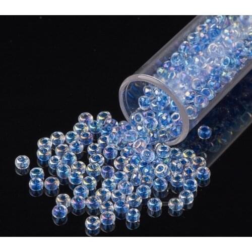 11/0 Transparent Glass Seed Beads 2.3x1.5mm, Grade A, Inside Color, AB Color Plated ,Hole: 1mm,about 2000pcs/50g F70