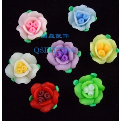 Free shipping,DIY accessories,12mm polymer clay flower,mix color,rose in full bloom,bracelet accessory