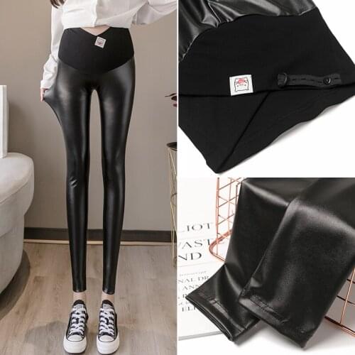 Shinny Slim Stretch PU Leather Maternity Pant Pregnancy Fashion Black High Waist Legging For Pregnant Women Maternity Clothes