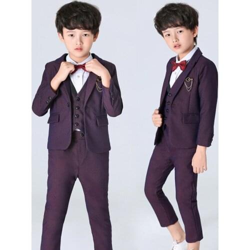 Flower Boys Jacket Vest Pants 3PCS Wedding Suit Gentleman Kids Blazer Clothing Set Children Birthday Ceremony Performance Dress